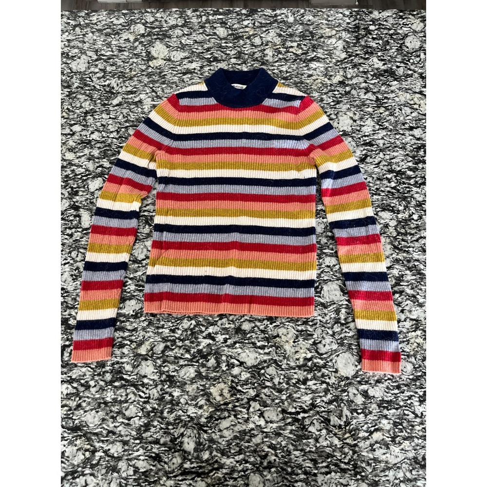 Madewell Sweater Womens Small Multicolor Rainbow Striped Ribbed Knit Mock Neck